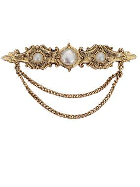 1928 Jewelry Brand Faux Pearl Chatelaine Style Chain Bar Brooch Pin. M729